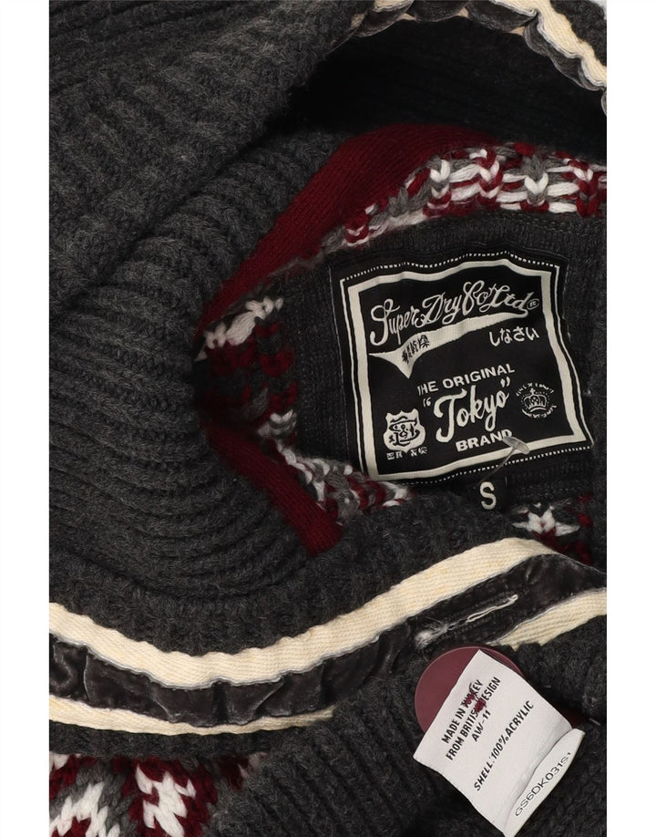 SUPERDRY Suéter tipo cárdigan con capucha para mujer Reino Unido 10 Pequeño Gris Fair Isle Acrílico