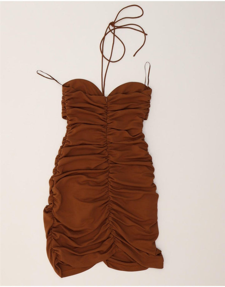 Zara Vestido Ajustado Halter para Mujer UK 42 Poliéster Marrón Medio