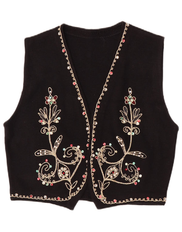 Vintage mujer punto chaleco Reino Unido 14 gran lana floral negra