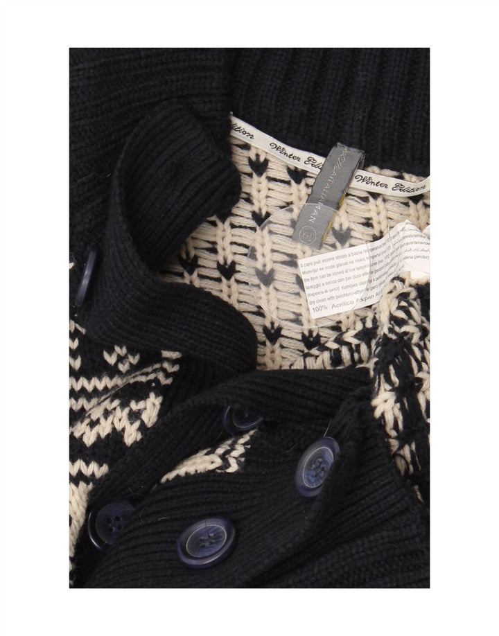 VINTAGE Hombres Cardigan Suéter 2XL Azul Marino Fair Isle Acrílico