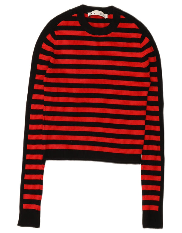 Zara Mujer Crop Top Manga Larga UK 8 Small Viscosa Rayas Rojas