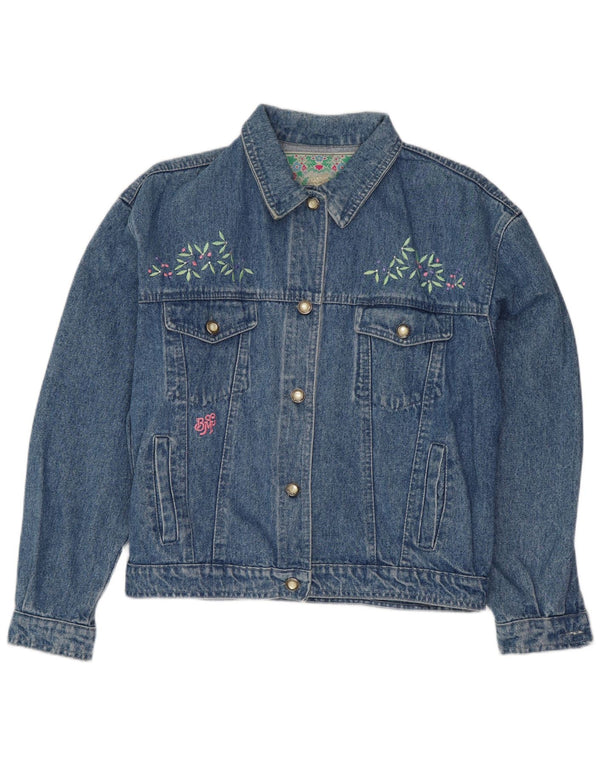 VINTAGE Mujer Gráfico Crop Denim Chaqueta Reino Unido 14 Azul Grande