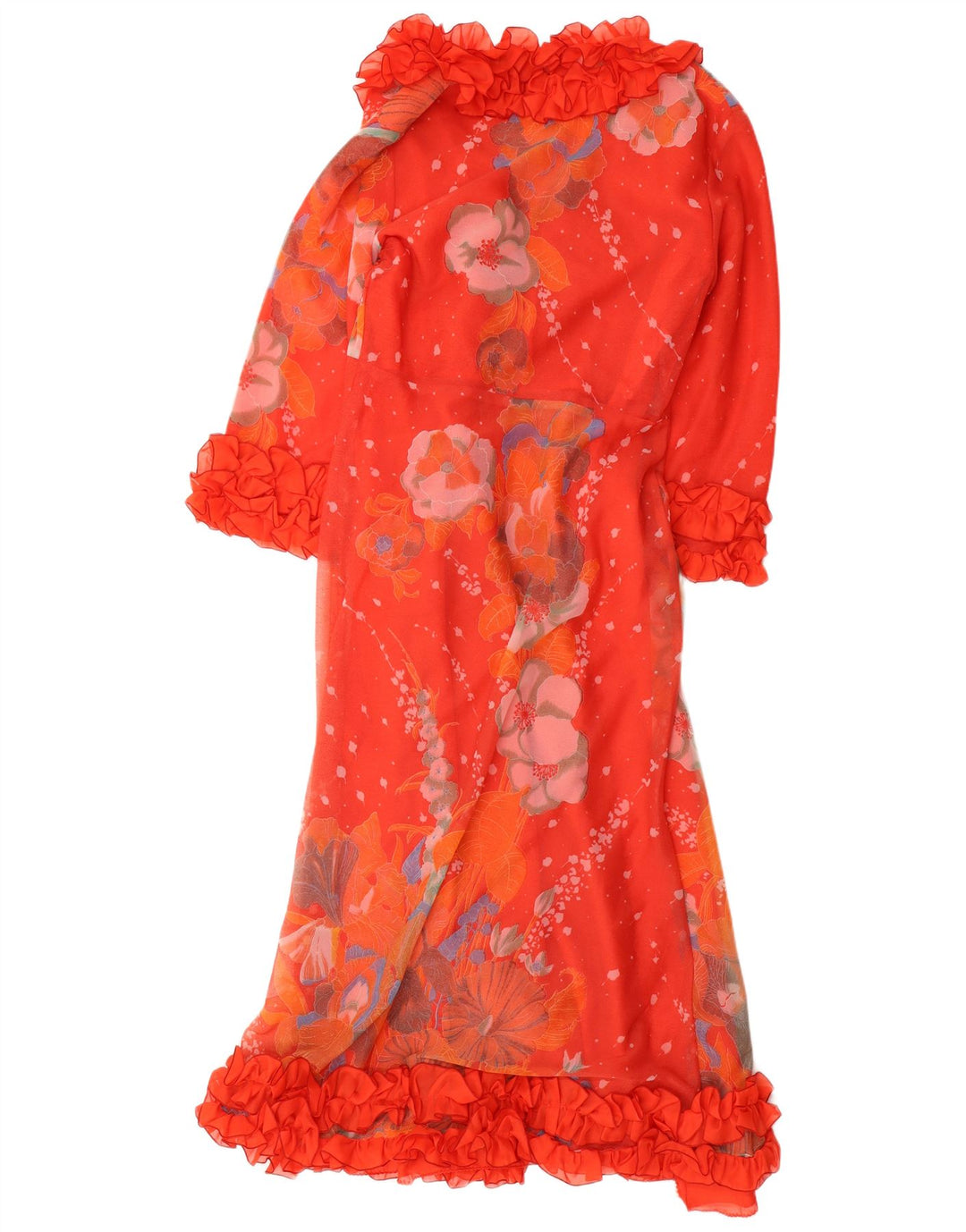 VINTAGE Mujer Ruffle Robe Maxi Vestido Reino Unido 12 Medio Rojo Floral