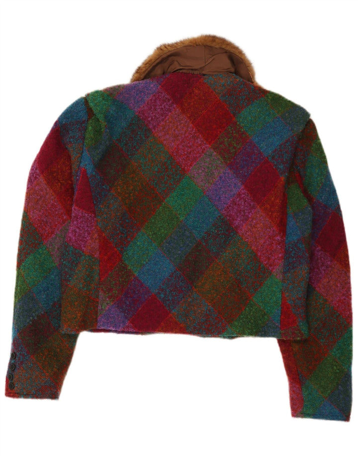 VINTAGE Mujer Crop Blazer Chaqueta Reino Unido 14 Grande Multicolor Argyle/Diamond