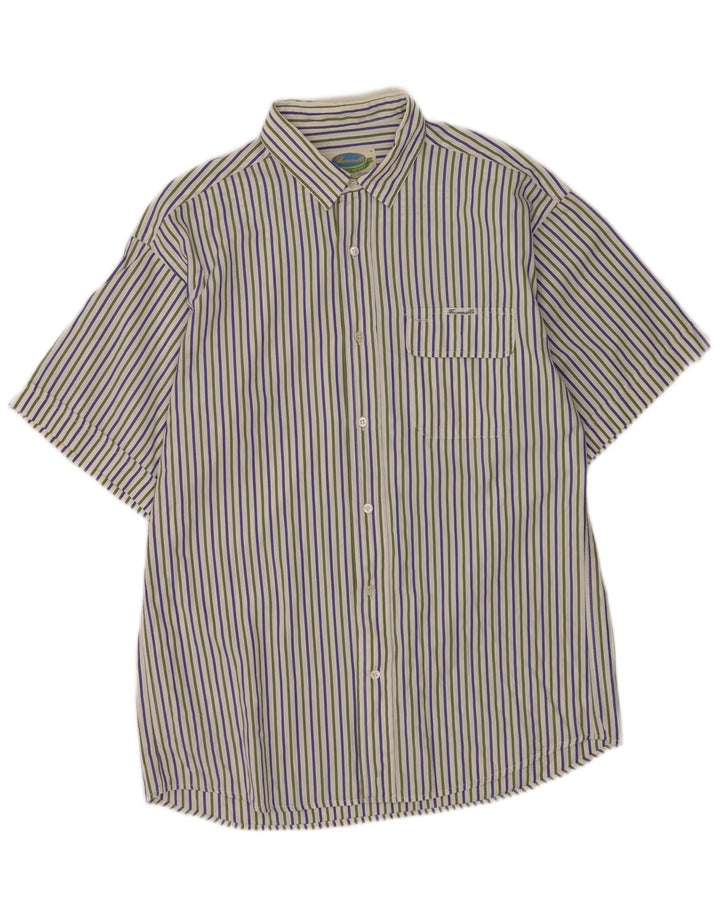 Faconnable Camisa Manga Corta Hombre Algodón Rayas Blanco Roto Mediano