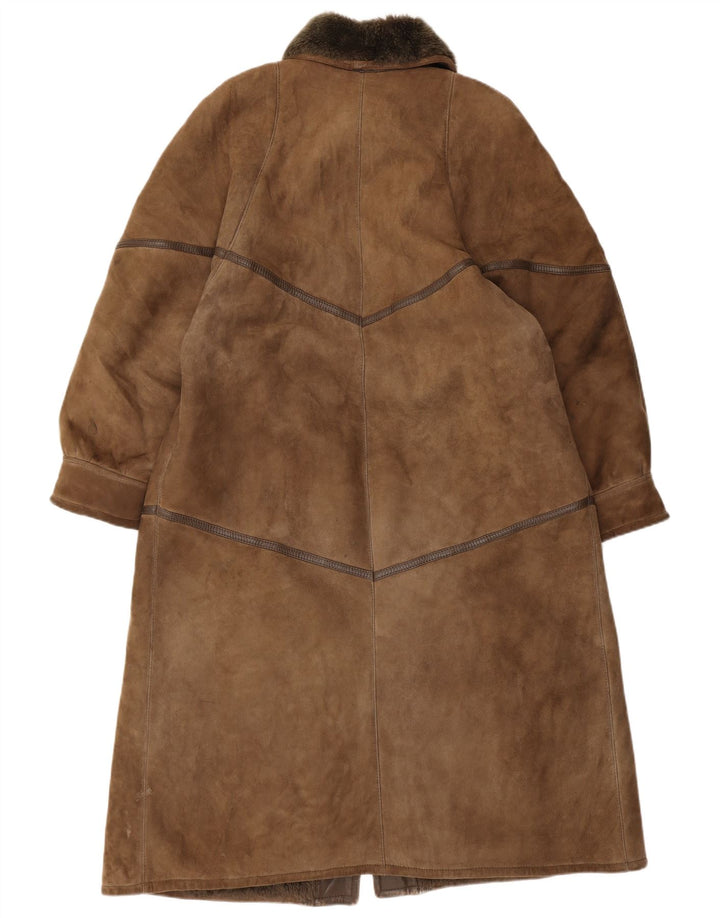 Vintage mujer shearling abrigo Reino Unido 16 cuero marrón grande