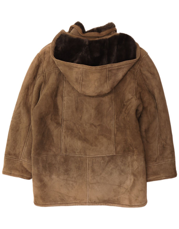 Abrigo vintage de piel de oveja con capucha para hombre IT 54 2XL Caqui