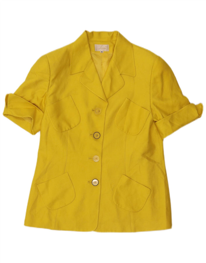 Vintage mujer 4 botones 2 piezas falda conjunto IT 46 grande W32 seda amarilla