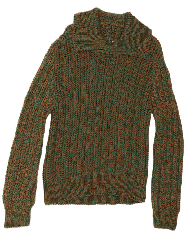 Vintage hombres polo cuello jersey suéter medio verde moteado
