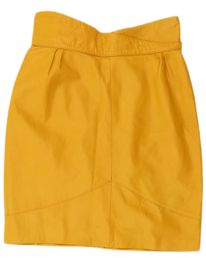 VINTAGE Falda de cuero de cintura alta para mujer Reino Unido 16 Grande W30 Cuero amarillo