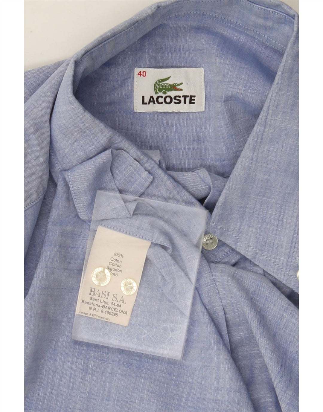 LACOSTE Camisa de manga corta para hombre Talla 40 Algodón azul medio