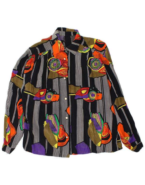 Vintage mujer camisa gráfica blusa Reino Unido 16 gran viscosa a rayas negras