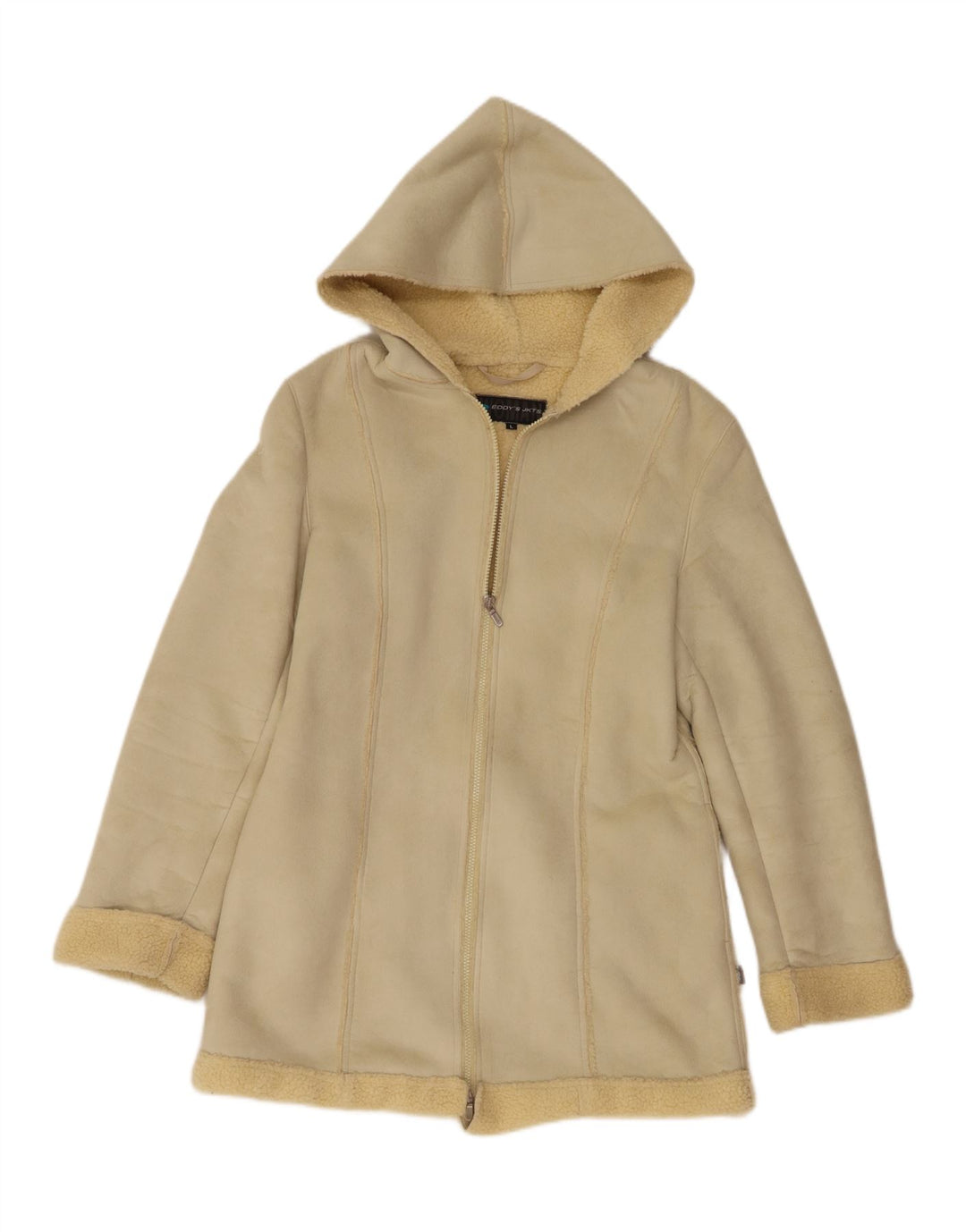 Vintage mujer con capucha Sherpa chaqueta Reino Unido 14 poliéster beige grande