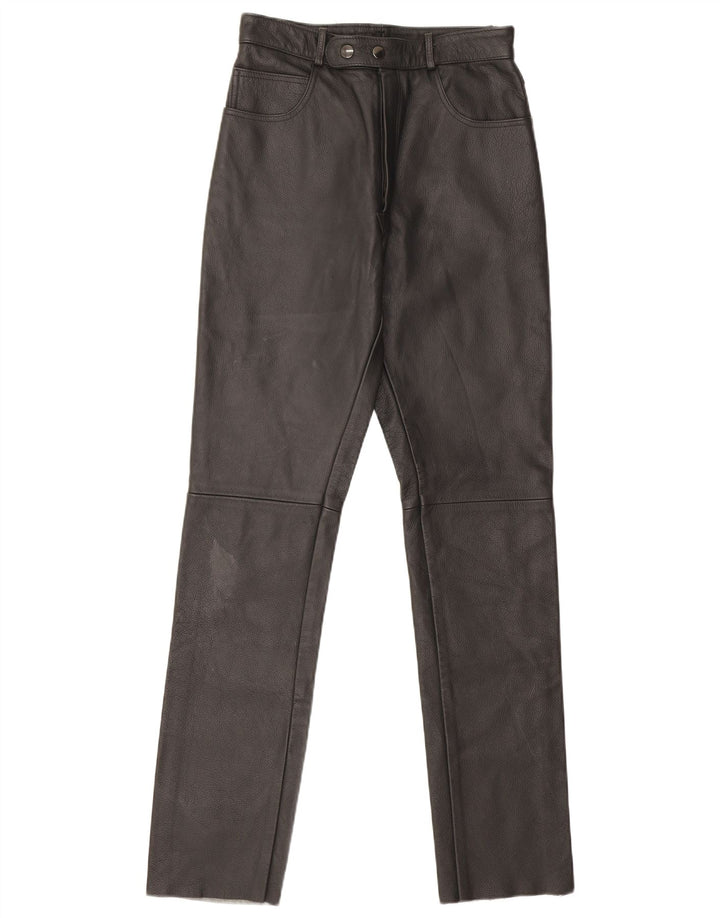 Pantalones de cuero rectos vintage para mujer W26 L32 Negro