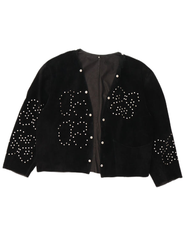 Vintage mujer abierta ante Blazer chaqueta Reino Unido 14 cuero floral negro medio