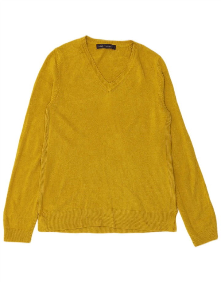 MARKS & SPENCER Womens V-Neck Jumper Sweater UK 12 Medium Yellow Acrylic