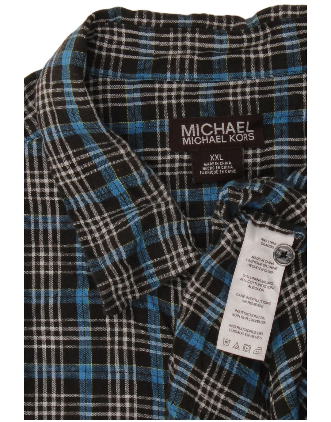Michael Kors Camisa de manga corta para hombre 2XL Lino a cuadros azules