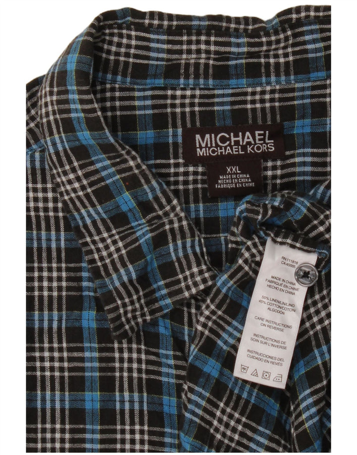 Michael Kors Camisa de manga corta para hombre 2XL Lino a cuadros azules