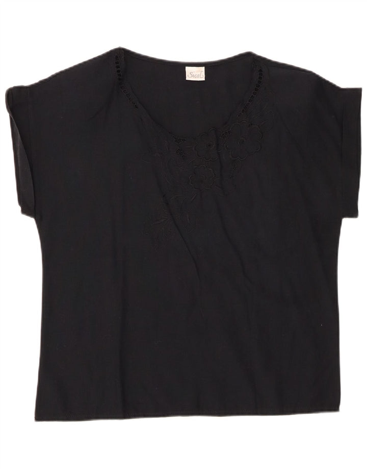 VINTAGE Blusa de Mujer Top IT 44 Algodón Floral Negro Medio