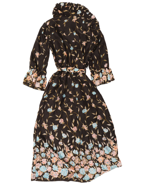 Vintage mujer manga larga bata maxi vestido IT 44 medio negro floral