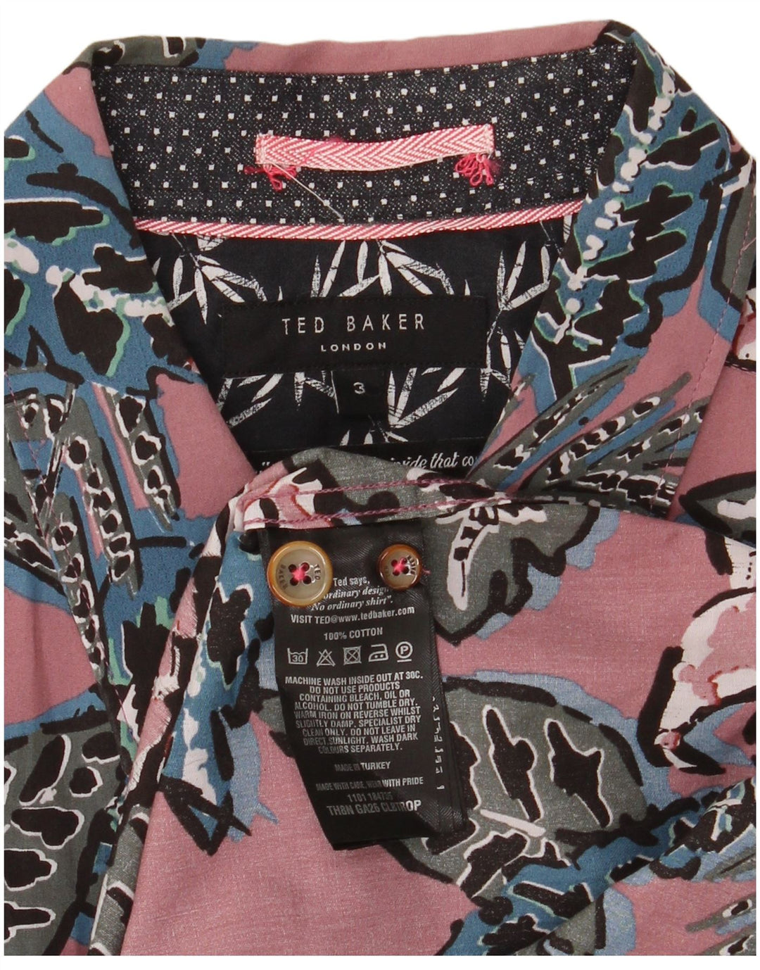 Ted Baker Camisa de manga corta para hombre Talla 3 Algodón floral rosa mediano