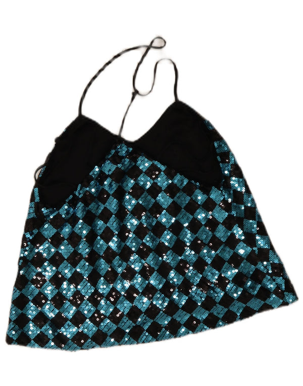 Vintage Womens Oversized Sequin Halter Top UK 10 Small Blue Argyle/Diamond