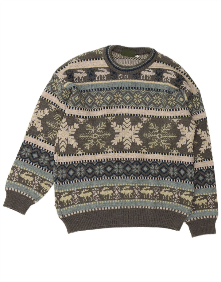 Liberti Jersey de cuello redondo para hombre de lana Fair Isle gris medio