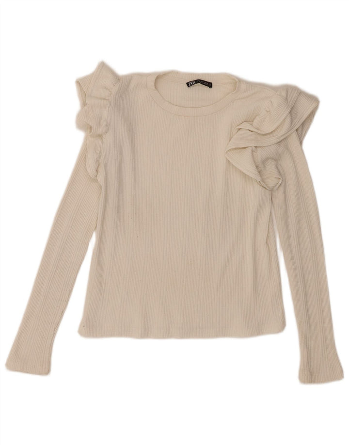 Zara Mujer Top Con Volantes En La Parte Delantera Manga Larga UK 10 Small Off White