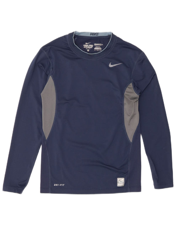 NIKE Womens Dri Fit Graphic Top Long Sleeve UK 12 Medium Navy Blue