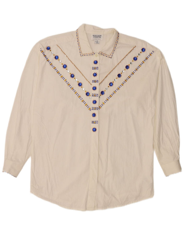 Benetton Blusa Camisera Holgada Con Gráfico IT 44 Medium Blanco Algodón