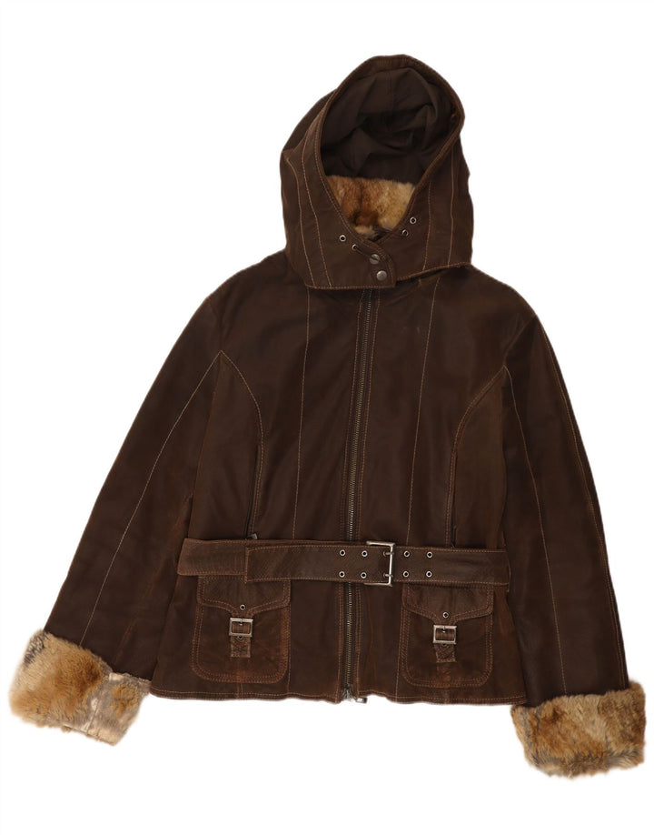 Chaqueta de cuero con capucha vintage para mujer IT 48 XL cuero marrón