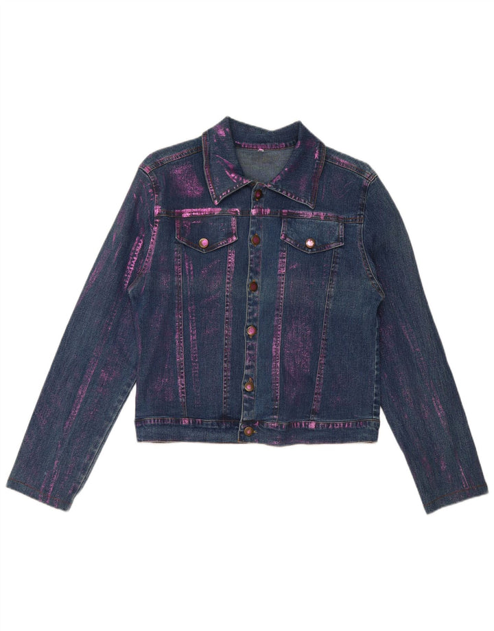 Vintage mujer crop denim chaqueta Reino Unido 12 azul medio tie tinte algodón