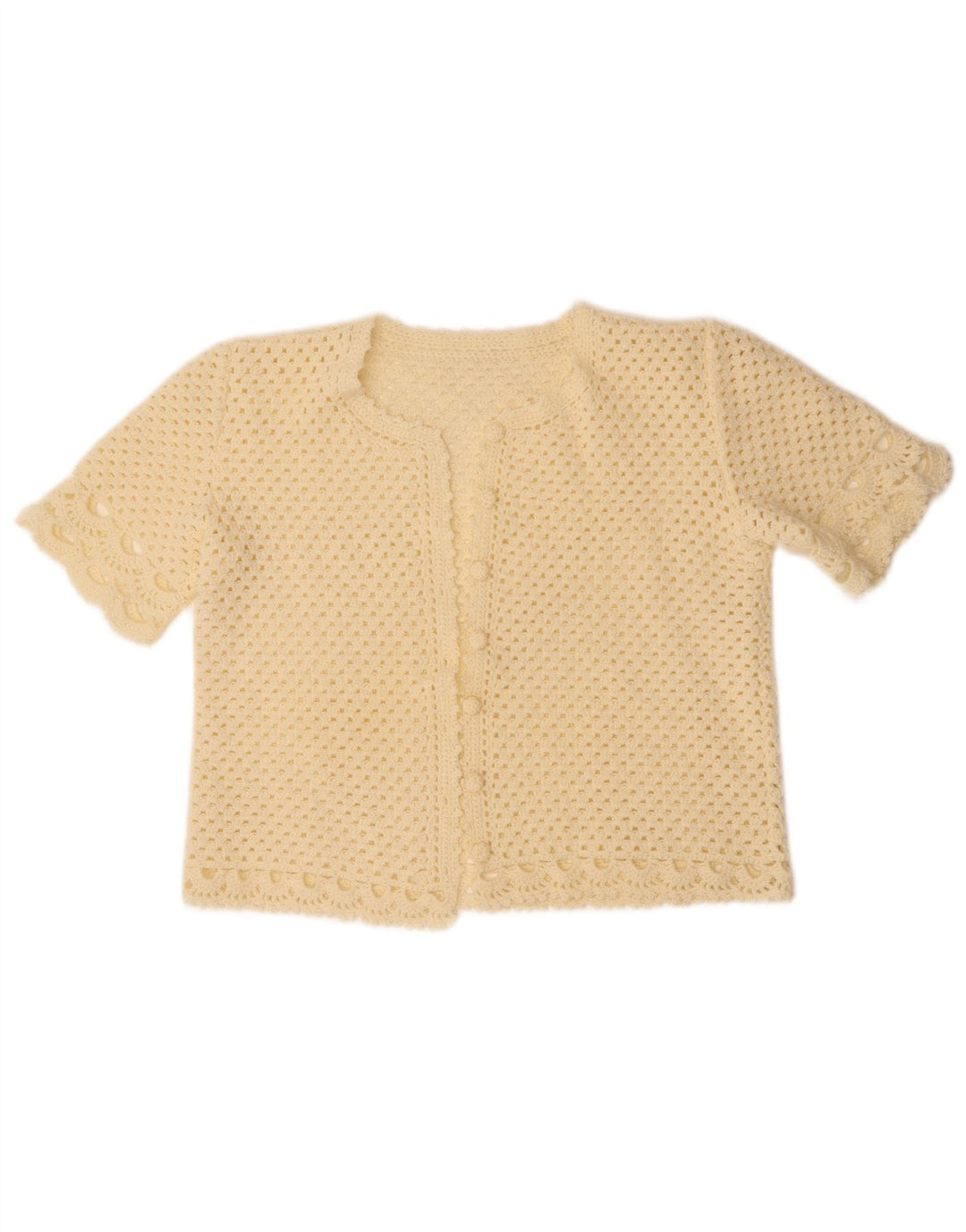 VINTAGE Mujer Crop Manga Corta Cardigan Suéter Reino Unido 14 Medio Blanco Apagado