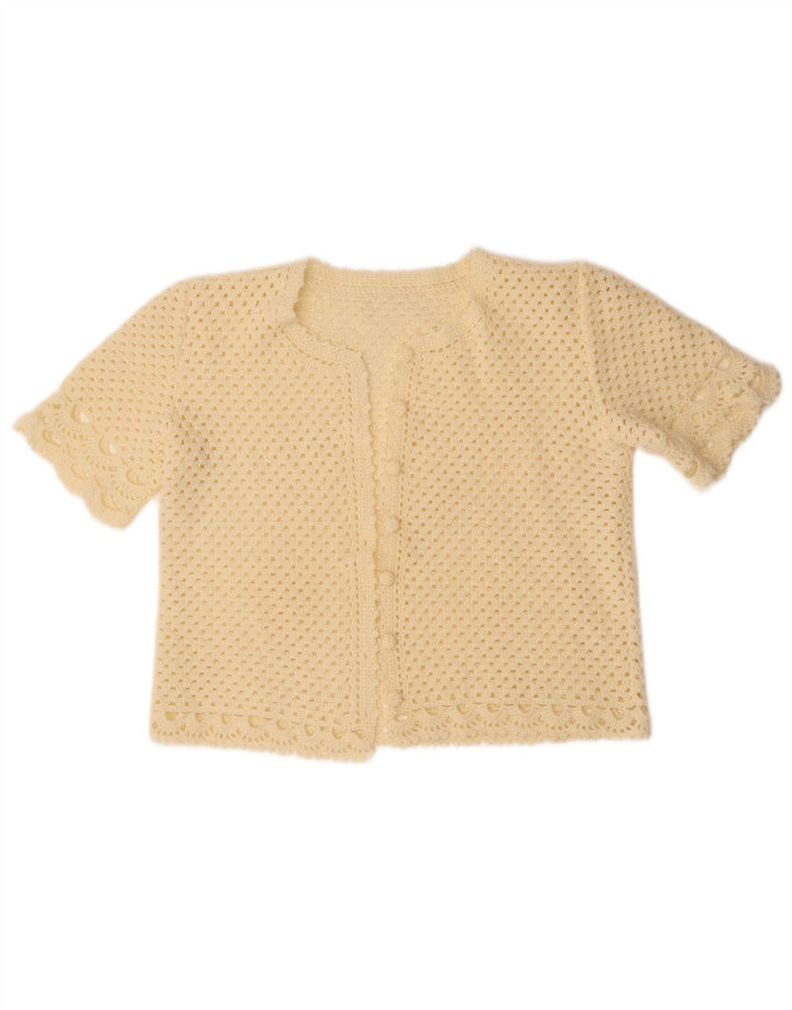VINTAGE Mujer Crop Manga Corta Cardigan Suéter Reino Unido 14 Medio Blanco Apagado