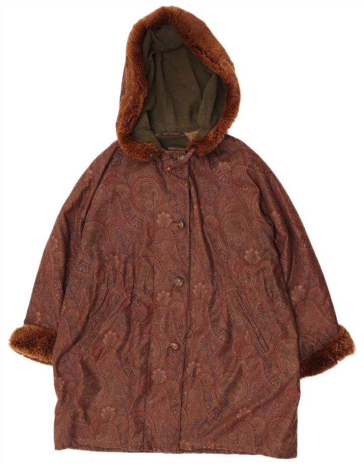 Vintage mujer con capucha overcoat abrigo EU 42 grande marrón Paisley lana