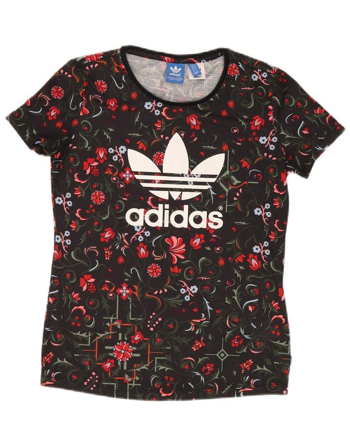 ADIDAS Camiseta gráfica para mujer Top UK 10 Small Negro Floral Poliéster