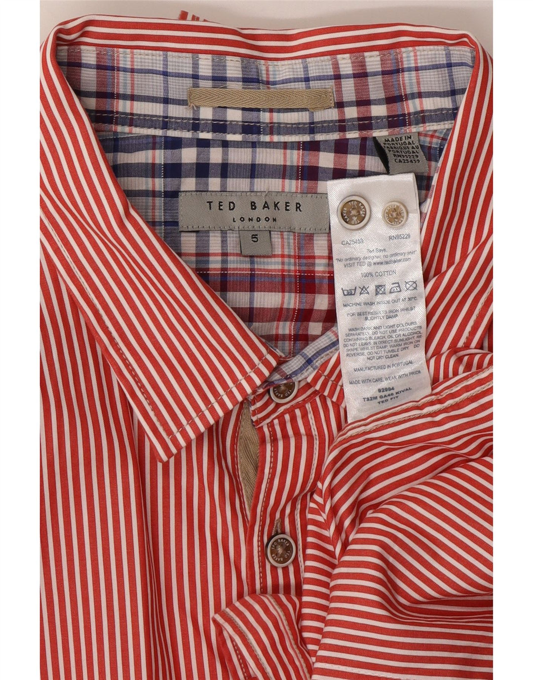 TED BAKER Camisa para hombre Talla 5 XL Algodón a rayas rojas