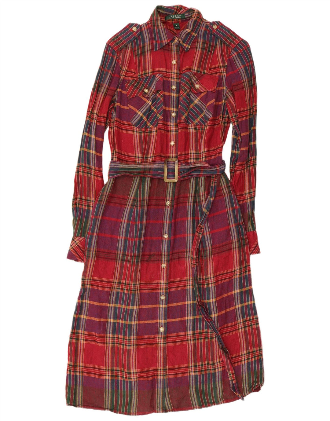 RALPH LAUREN Vestido camisero militar para mujer US 4 Pequeño lino a cuadros rojos