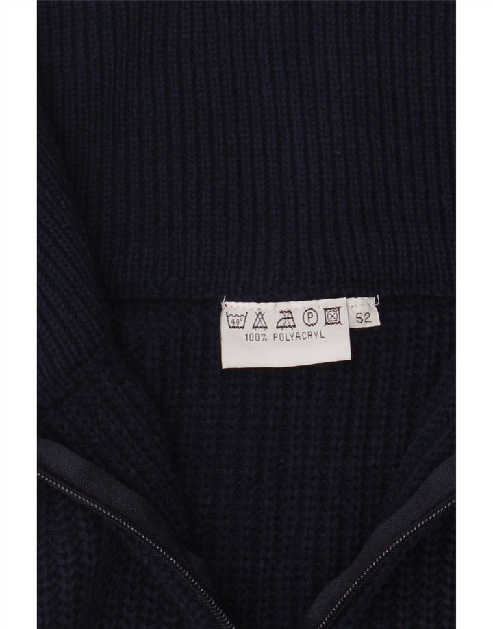 Vintage hombres zip cuello jersey suéter IT 52 grande azul marino poliacrílico