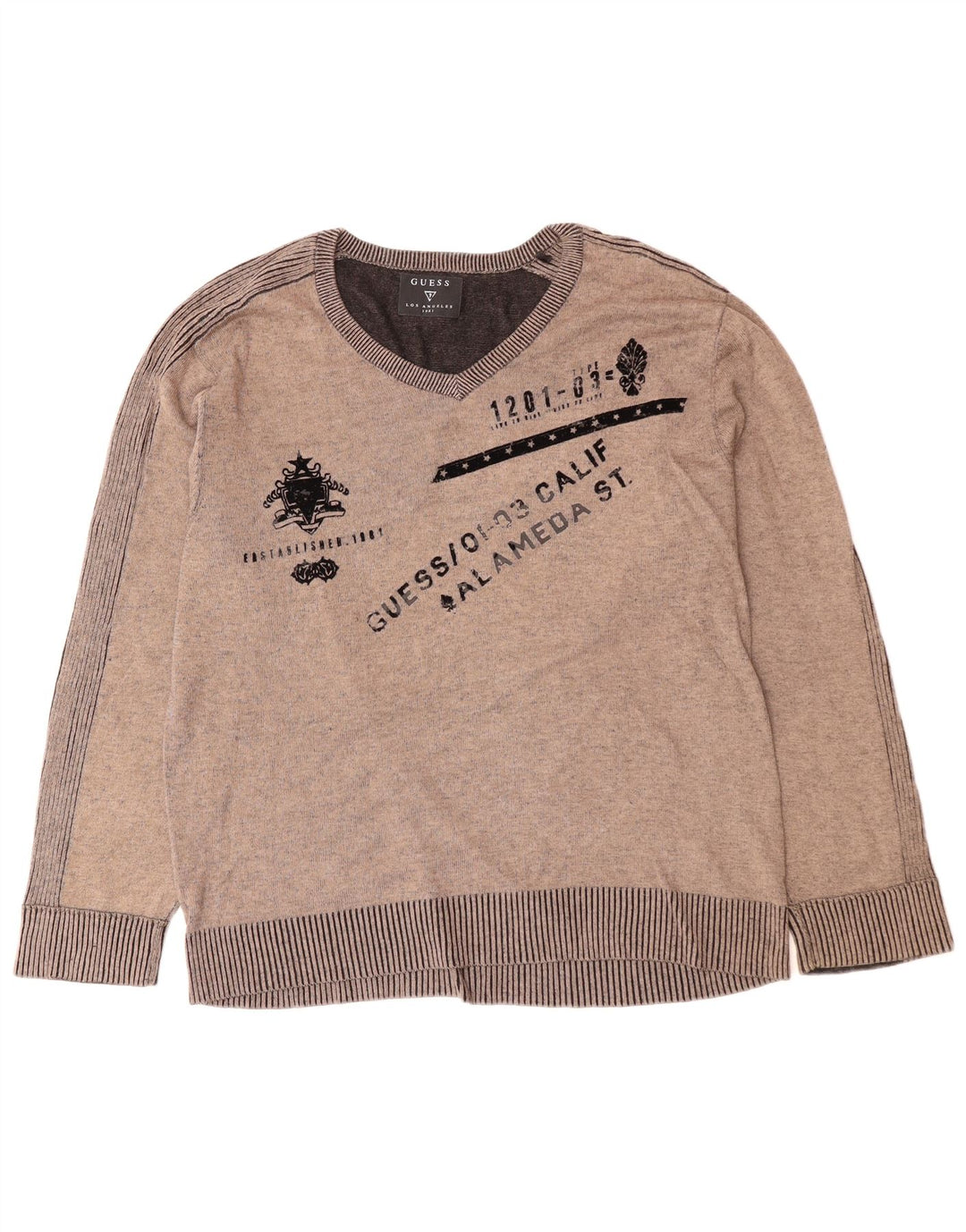 GUESS Jersey con cuello en V gráfico para hombre XL Gris