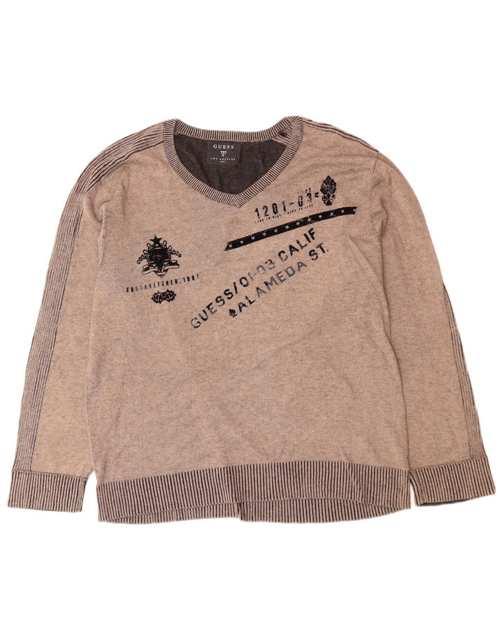 GUESS Jersey con cuello en V gráfico para hombre XL Gris