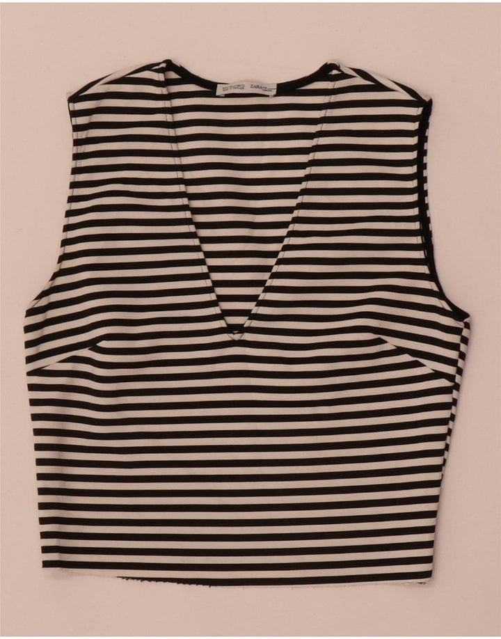 Zara Mujer Crop Top Sin Mangas UK 8 Small Negro Rayas