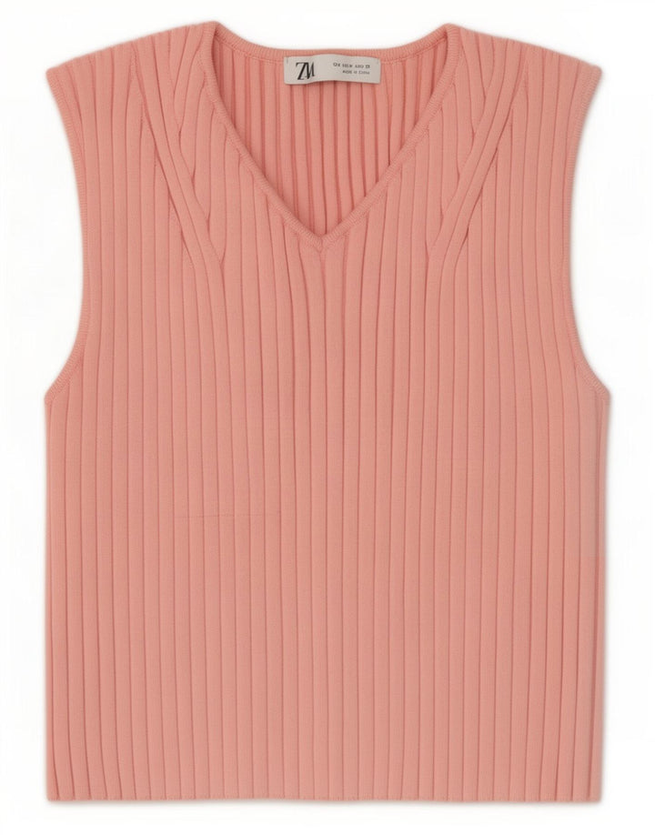 Zara Mujer Crop Vest Top UK 12 Medio Rosa Poliéster