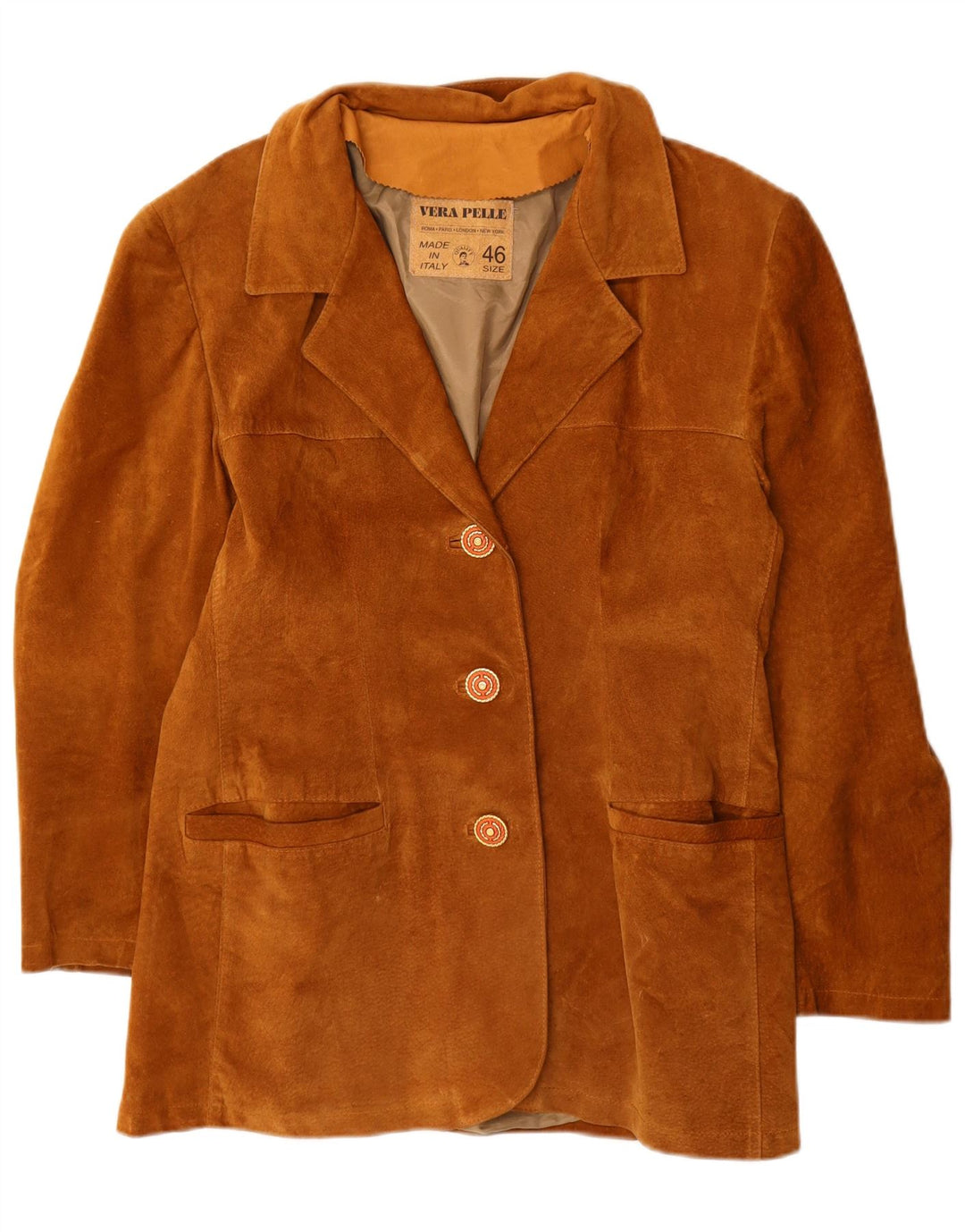 VINTAGE Chaqueta Blazer de ante de 3 botones para mujer IT 46 Cuero marrón grande