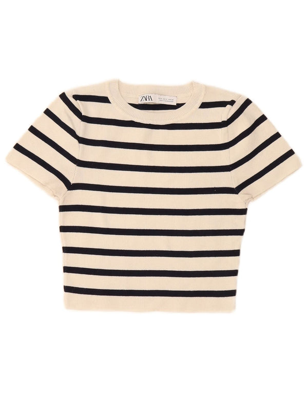 Zara Mujer Camiseta Corta Top UK 8 Small Off White Rayas Viscosa