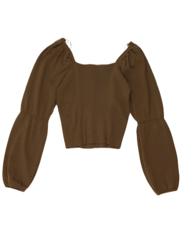 Zara Top corto de manga larga con hombros descubiertos para mujer UK 42 Medium Khaki Nylon