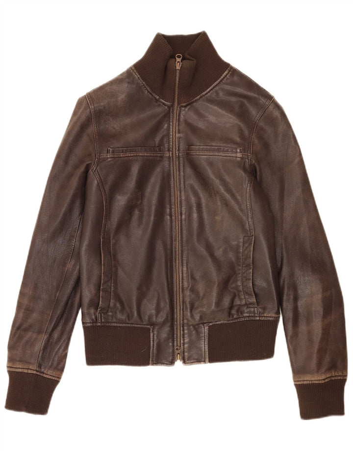 Sisley Chaqueta Bomber de Cuero para Mujer UK 6 XS Cuero Marrón