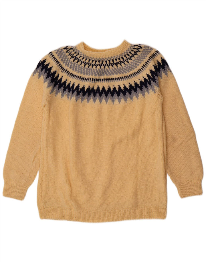 Vintage hombres cuello redondo jersey suéter medio amarillo Fair Isle