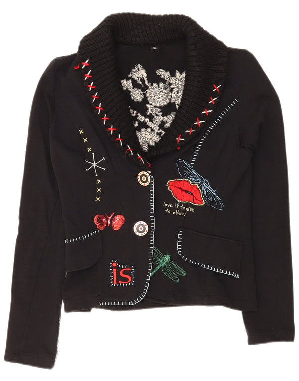 Vintage mujer gráfico 2 botón Blazer chaqueta Reino Unido 12 medio negro floral