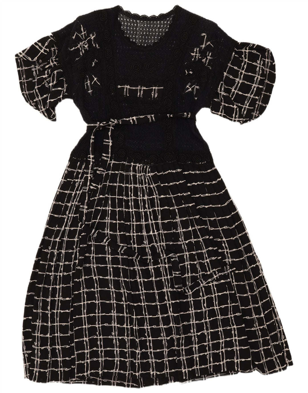 VINTAGE Mujer Crochet Maxi Vestido Reino Unido 12 Cheque Negro Medio